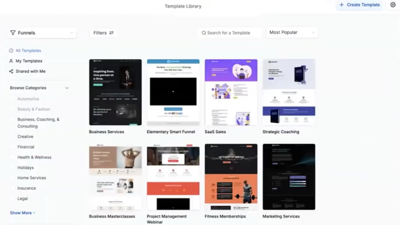 Owner-captured HighLevel template-library interface with categories, filters, and template cards as captured.