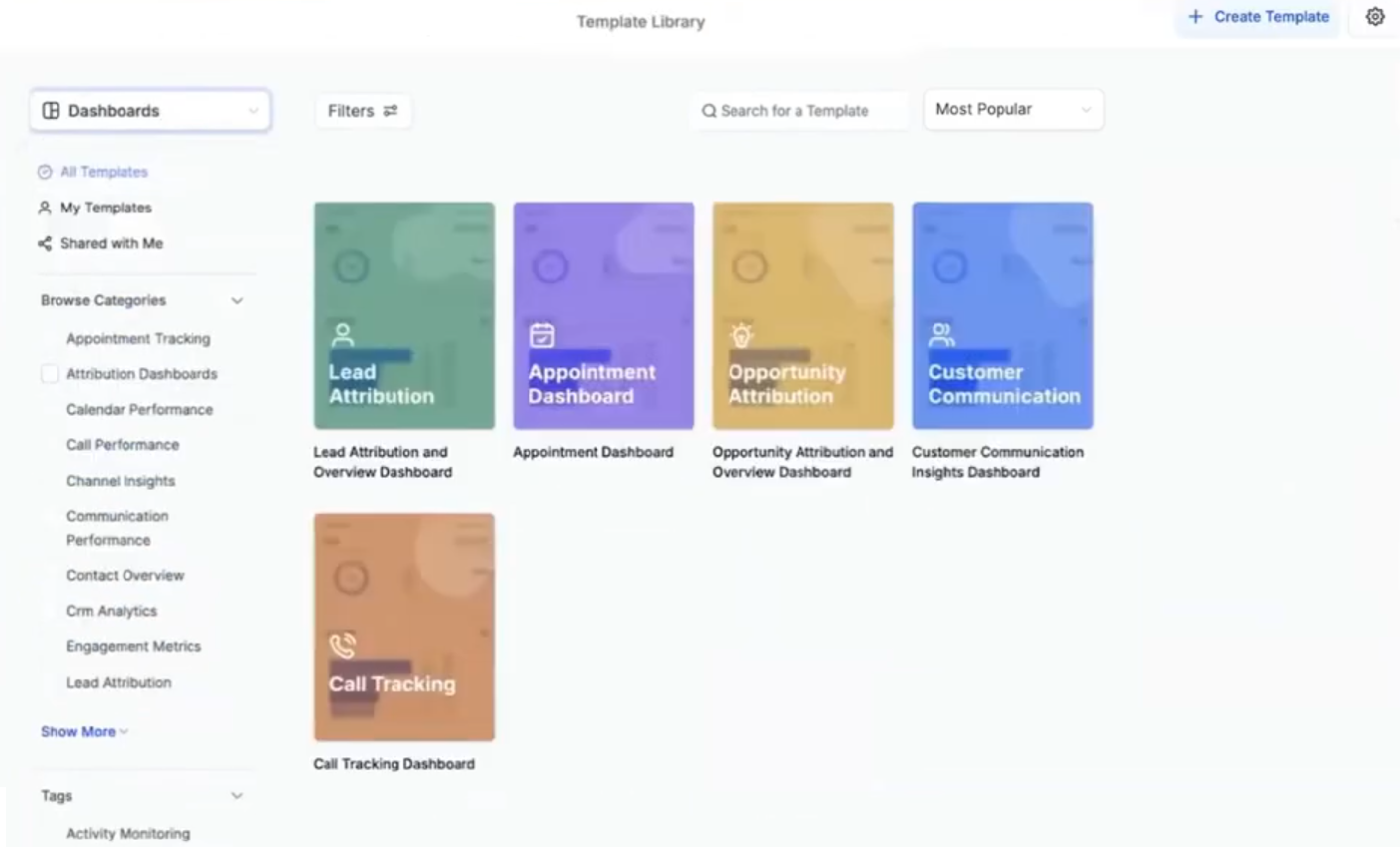 Owner-captured HighLevel dashboard-template interface with category, search, filter, and card controls as captured.