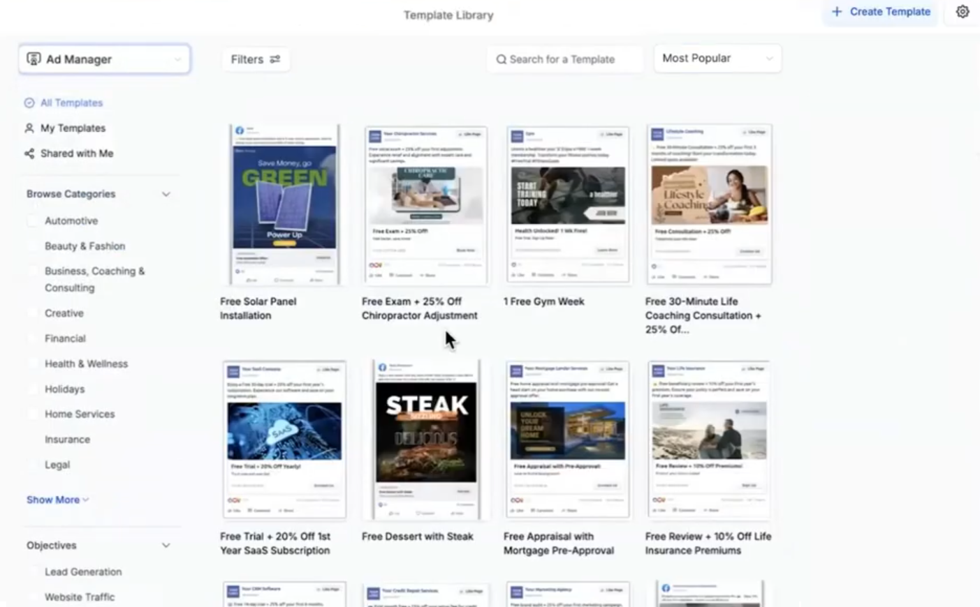 Owner-captured HighLevel Ad Manager template interface with filters and example promotional cards as captured.