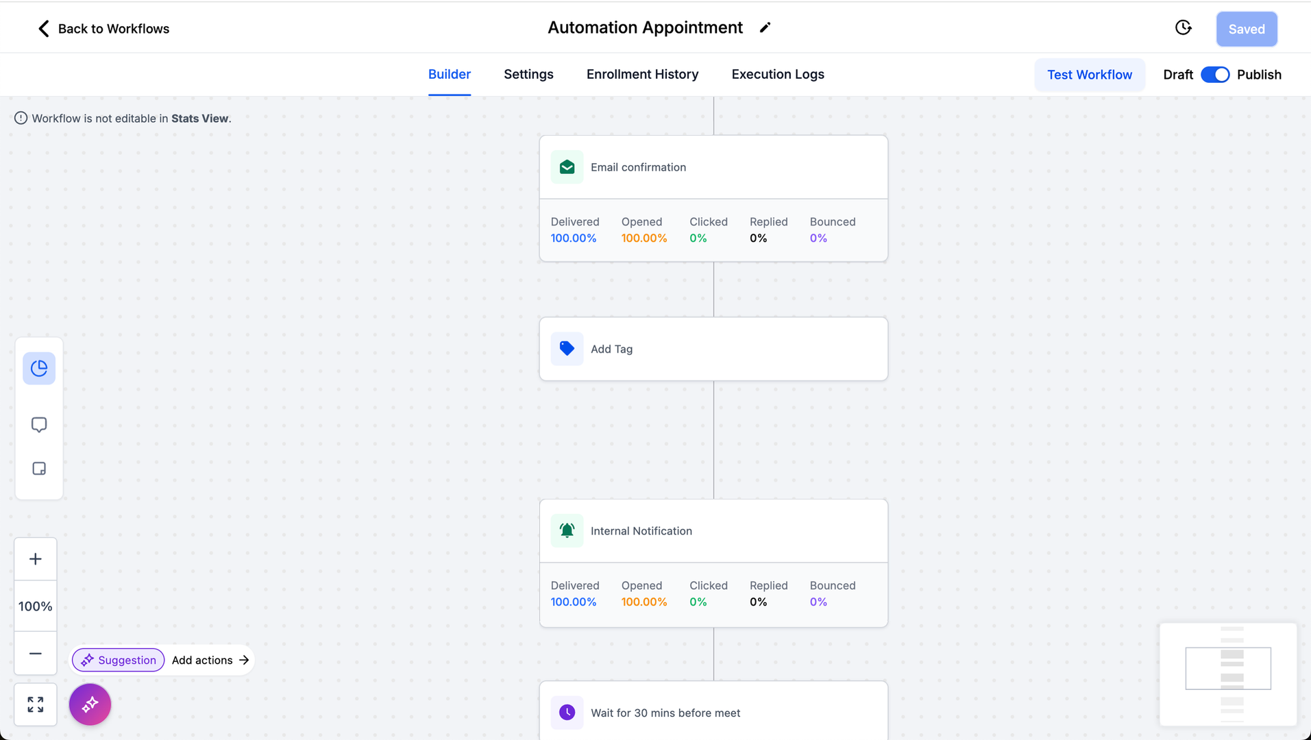 Owner-captured HighLevel automation workflow with builder, log, test, and publishing controls as captured.