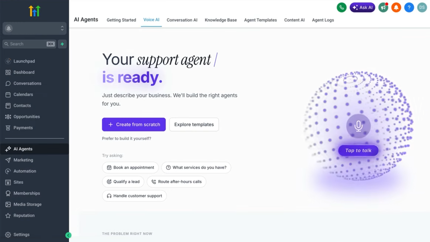 Owner-captured HighLevel AI Agents interface with voice, template, prompt, and creation controls as captured.