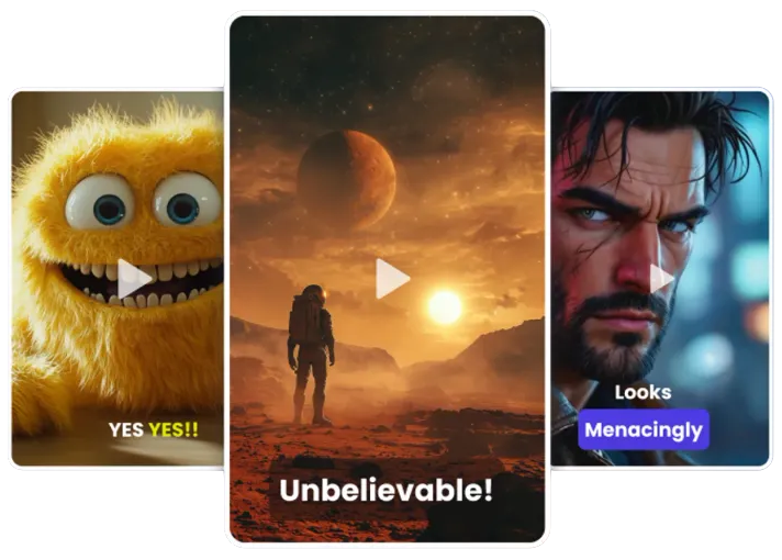 Owner-captured InVideo short-form example cards with visible play controls and overlaid phrases as captured.