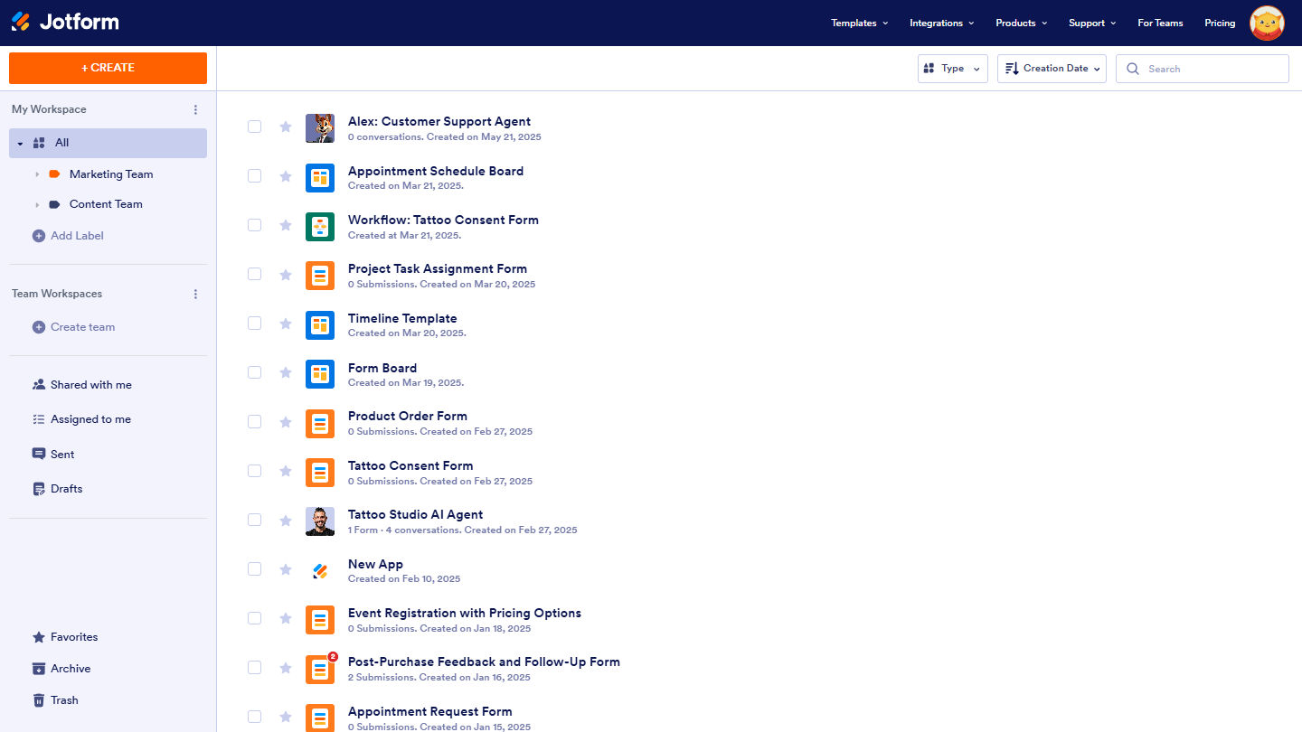 Owner-captured Jotform workspace list with folders, items, dates, counts, and status icons as captured.