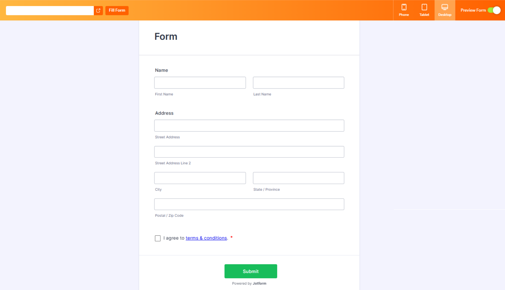 Owner-captured Jotform form preview with name, address, terms, submit, responsive preview, and Fill Form controls as captured.