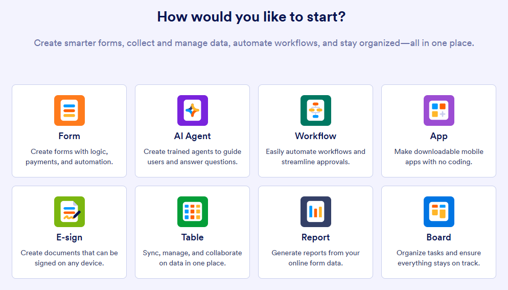 Owner-captured Jotform create-type chooser with Form, AI Agent, Workflow, App, E-sign, Table, Report, and Board categories as captured.