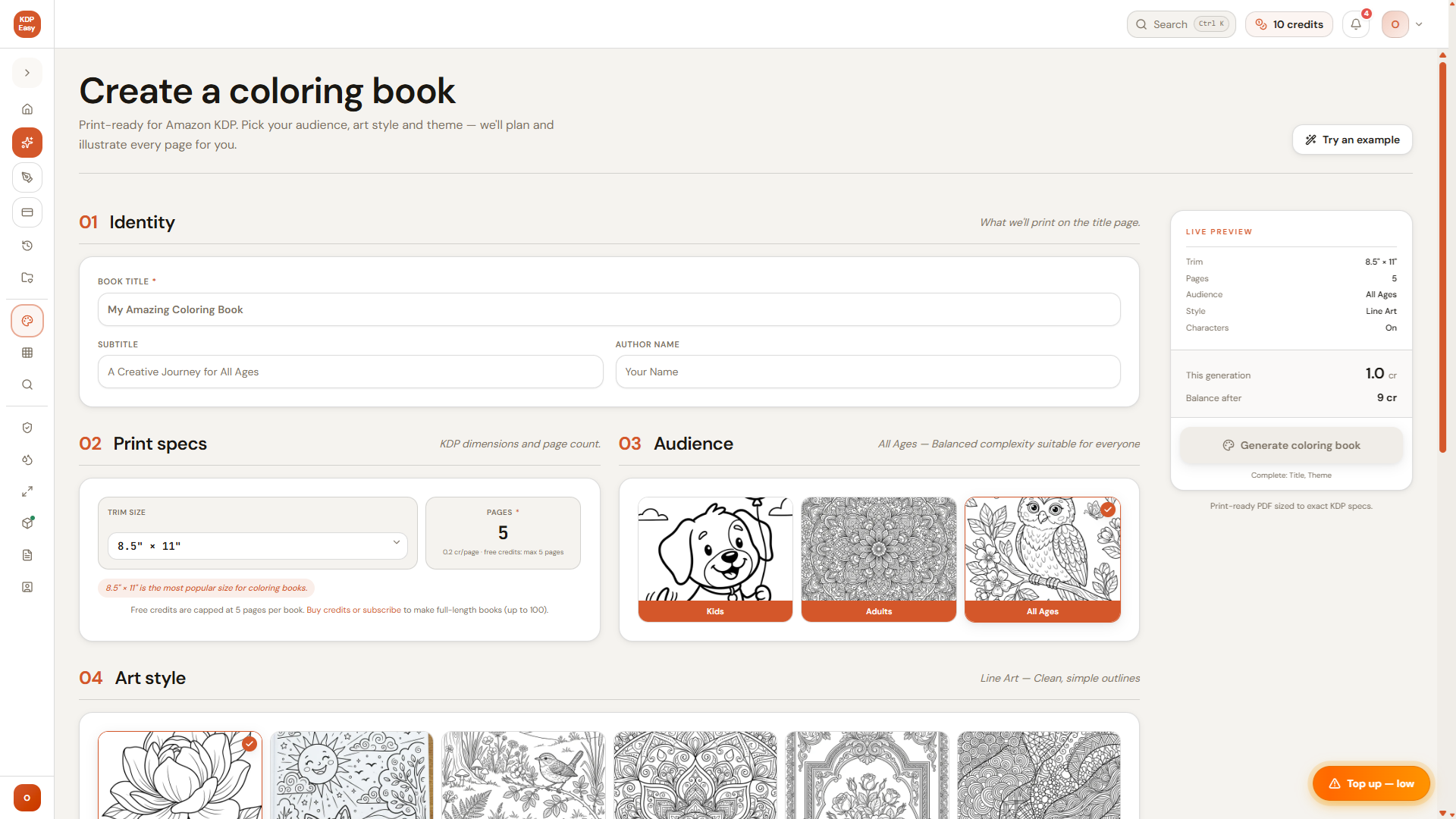 Owner-captured KDPEasy coloring-book generator with dimensions, style, and topic controls as captured.