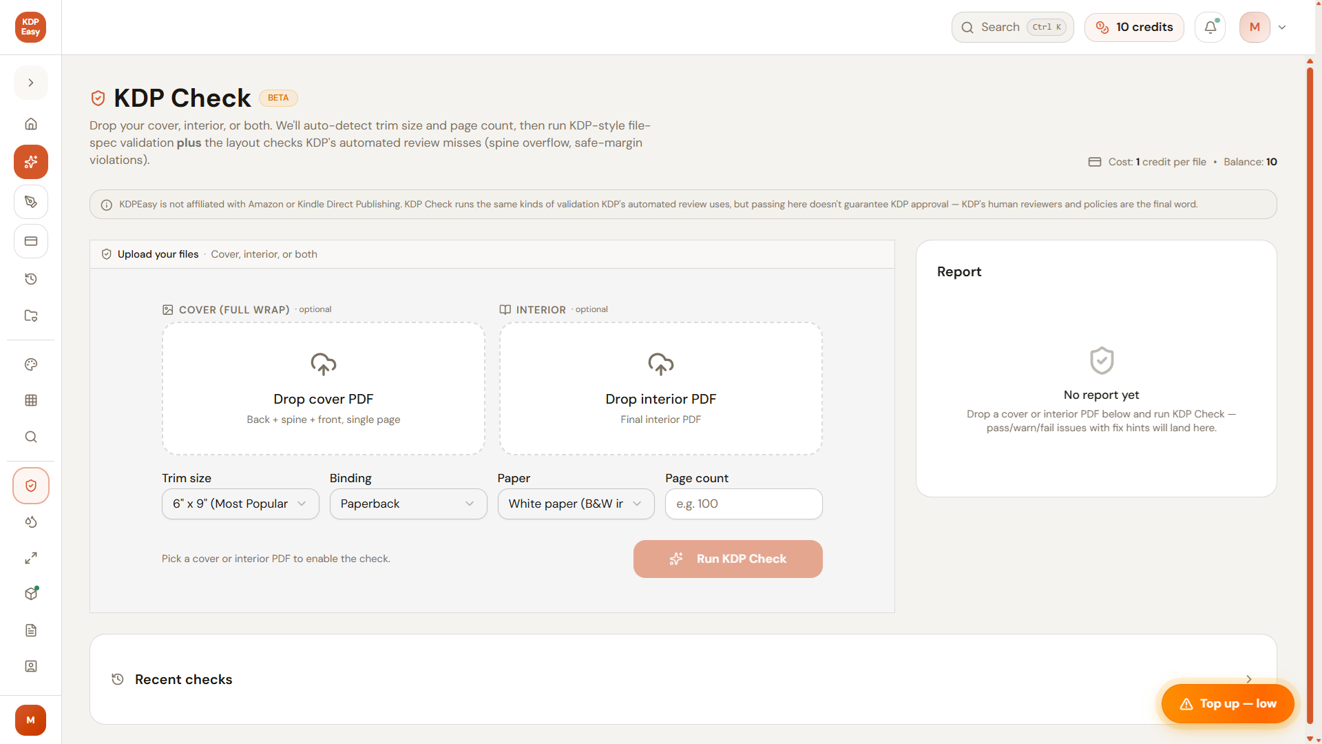 Owner-captured KDPEasy KDPCheck file checker with interior, cover, and trim controls as captured.