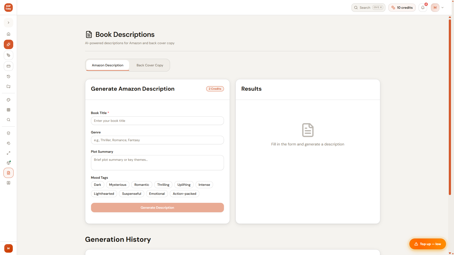 Owner-captured KDPEasy Amazon Description form with title, genre, plot-summary, mood-tag, and generation controls as captured.