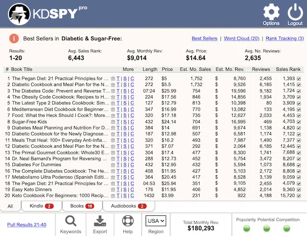 Owner-captured KDSpy category-results screen with book rows, research fields, filters, and indicators as captured.