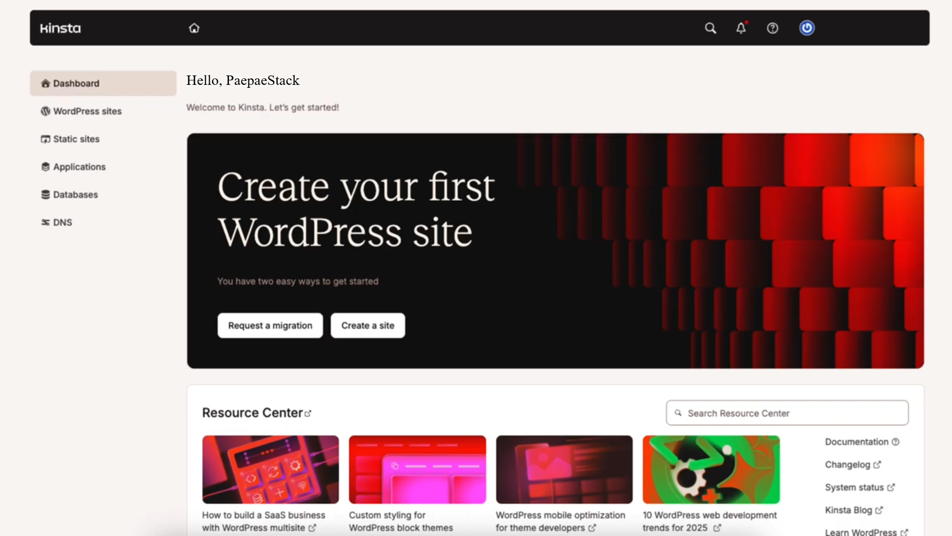Kinsta dashboard showing navigation, a create-your-first-WordPress-site prompt, and resource center cards.
