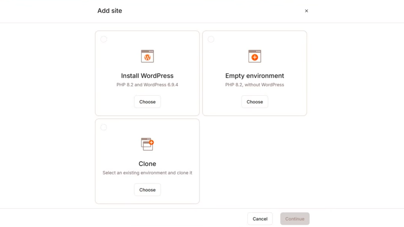 Kinsta add-site screen with options to install WordPress, create an empty environment, or clone a site.