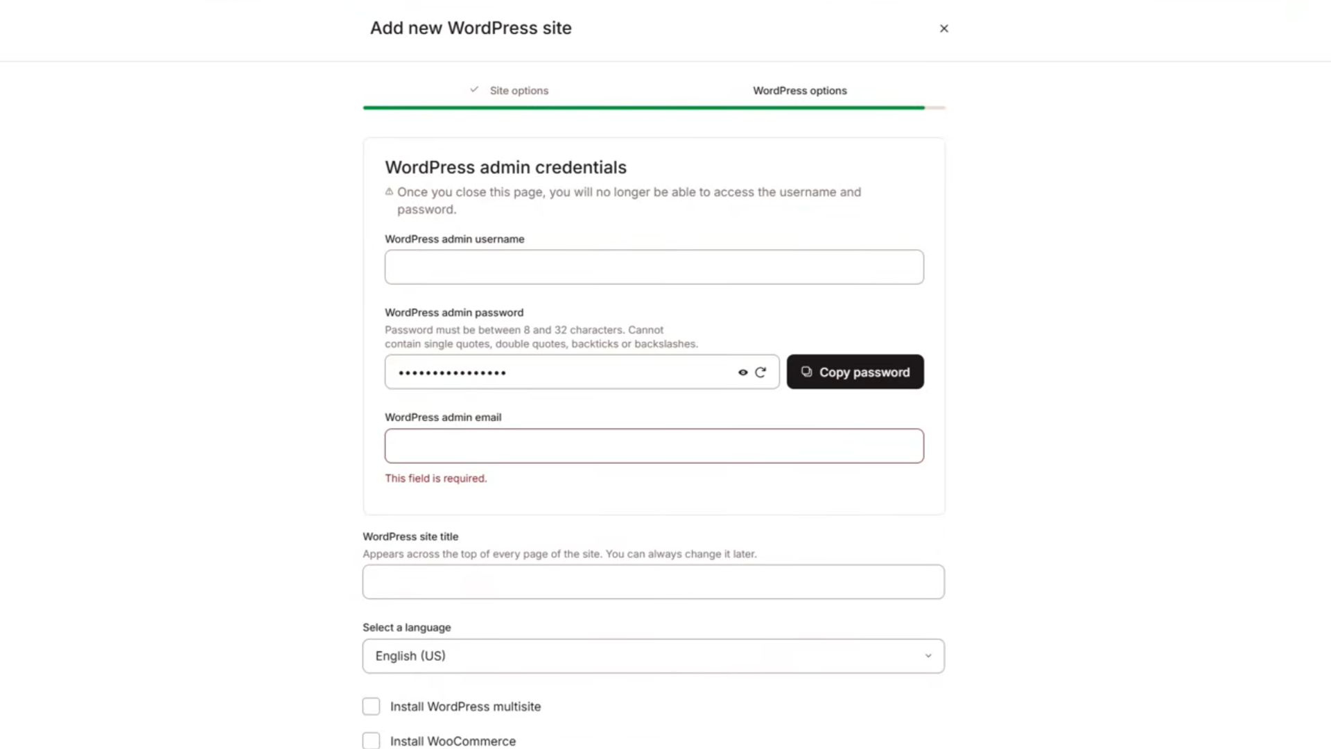 Kinsta WordPress setup details screen showing site title, admin credential fields, data center region, language, and multisite options.