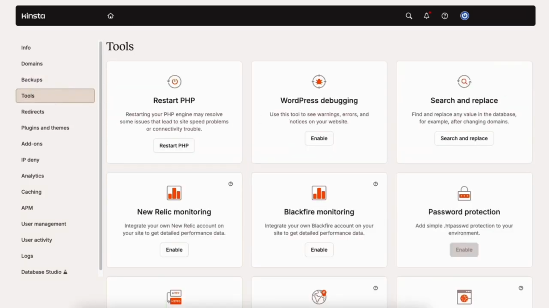 Kinsta tools screen showing controls such as restart PHP, WordPress debugging, search and replace, monitoring, and password protection.
