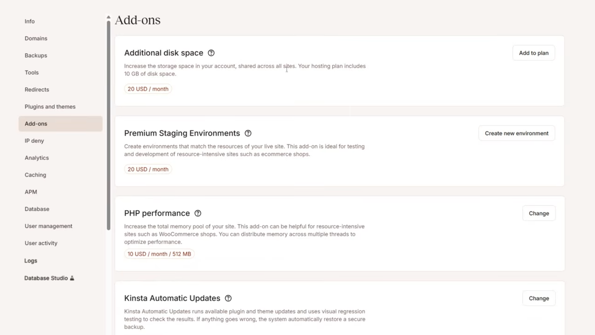 Kinsta add-ons screen showing additional disk space, premium staging environments, PHP performance, and automatic updates options.