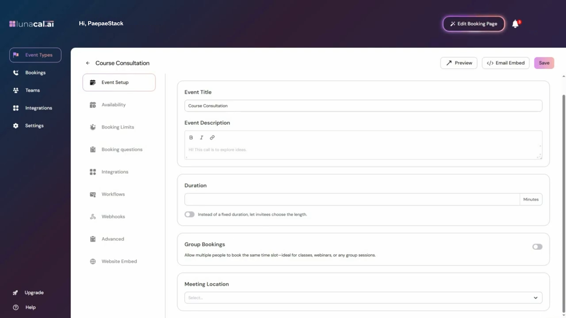 Owner-captured LunaCal event-setup screen with booking configuration fields as captured.