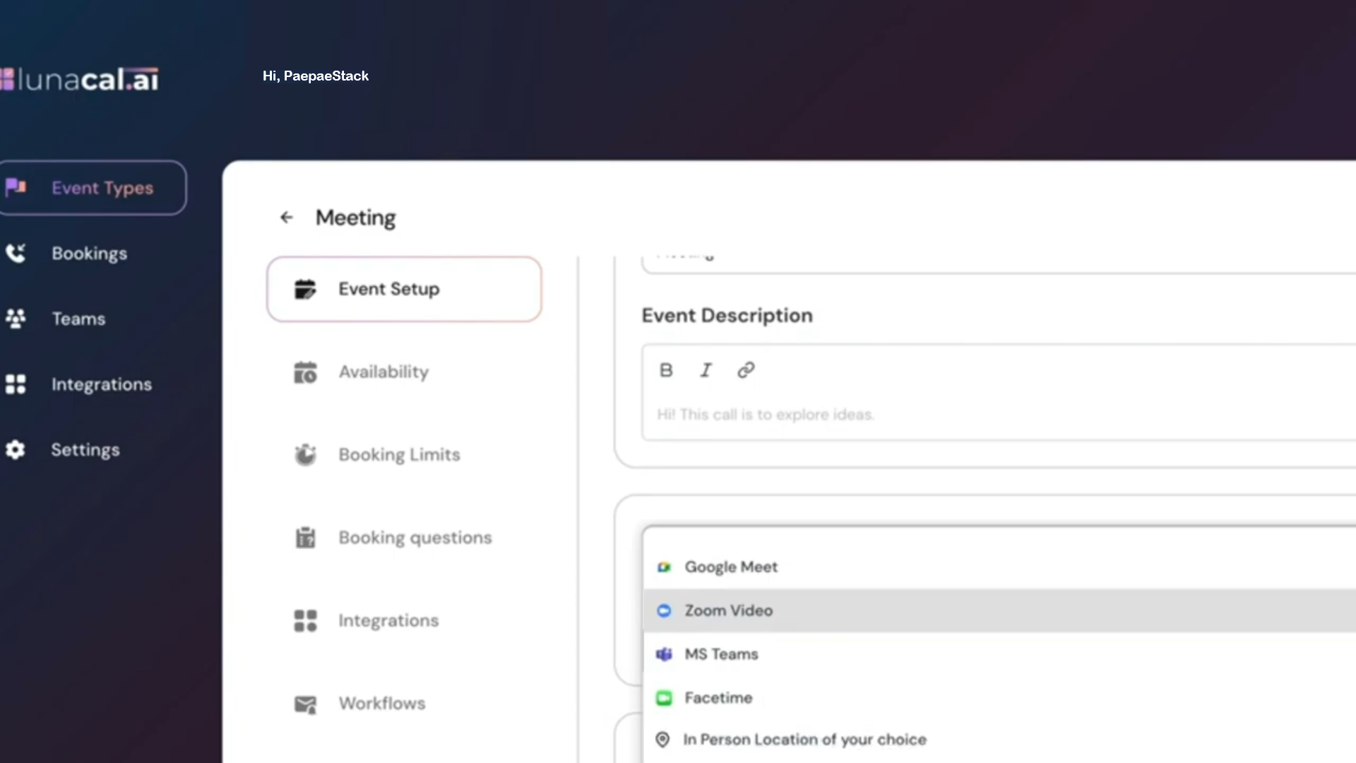 Owner-captured LunaCal group-booking setup with visible scheduling options as captured.