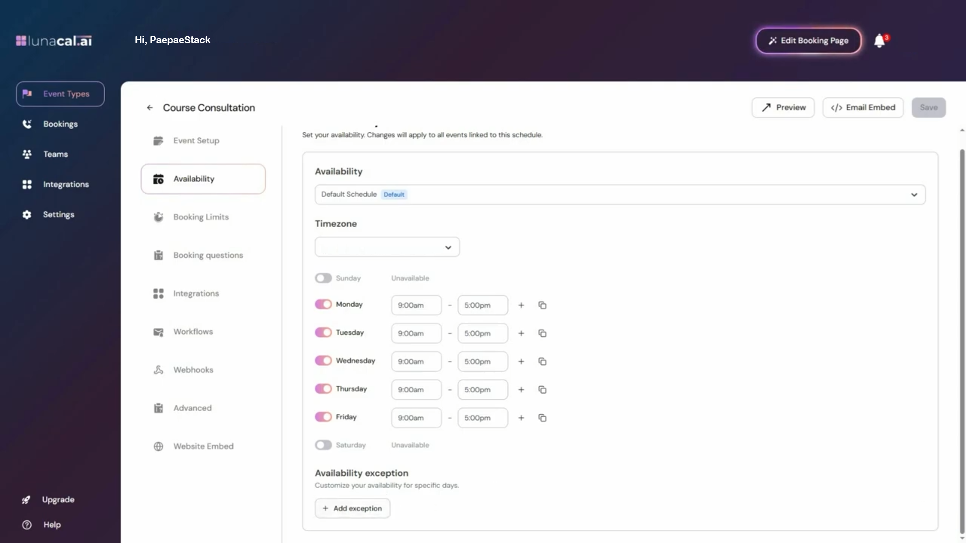 Owner-captured LunaCal availability settings with visible schedule controls as captured.