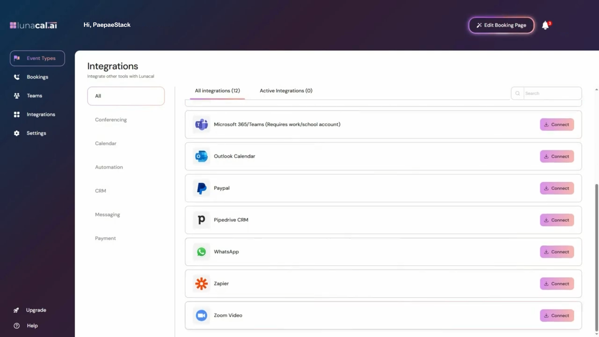 Owner-captured LunaCal integrations screen with visible connection choices as captured.