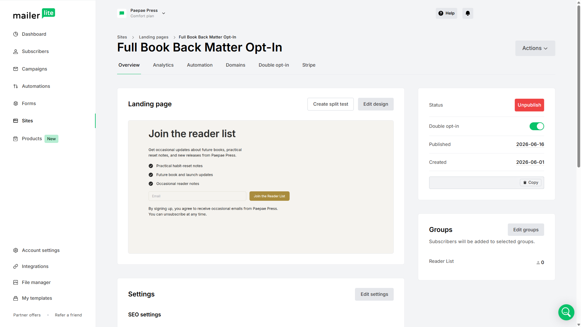 MailerLite landing-page overview showing a Full Book Back Matter Opt-In page preview, status panel, double opt-in setting, and selected subscriber group.