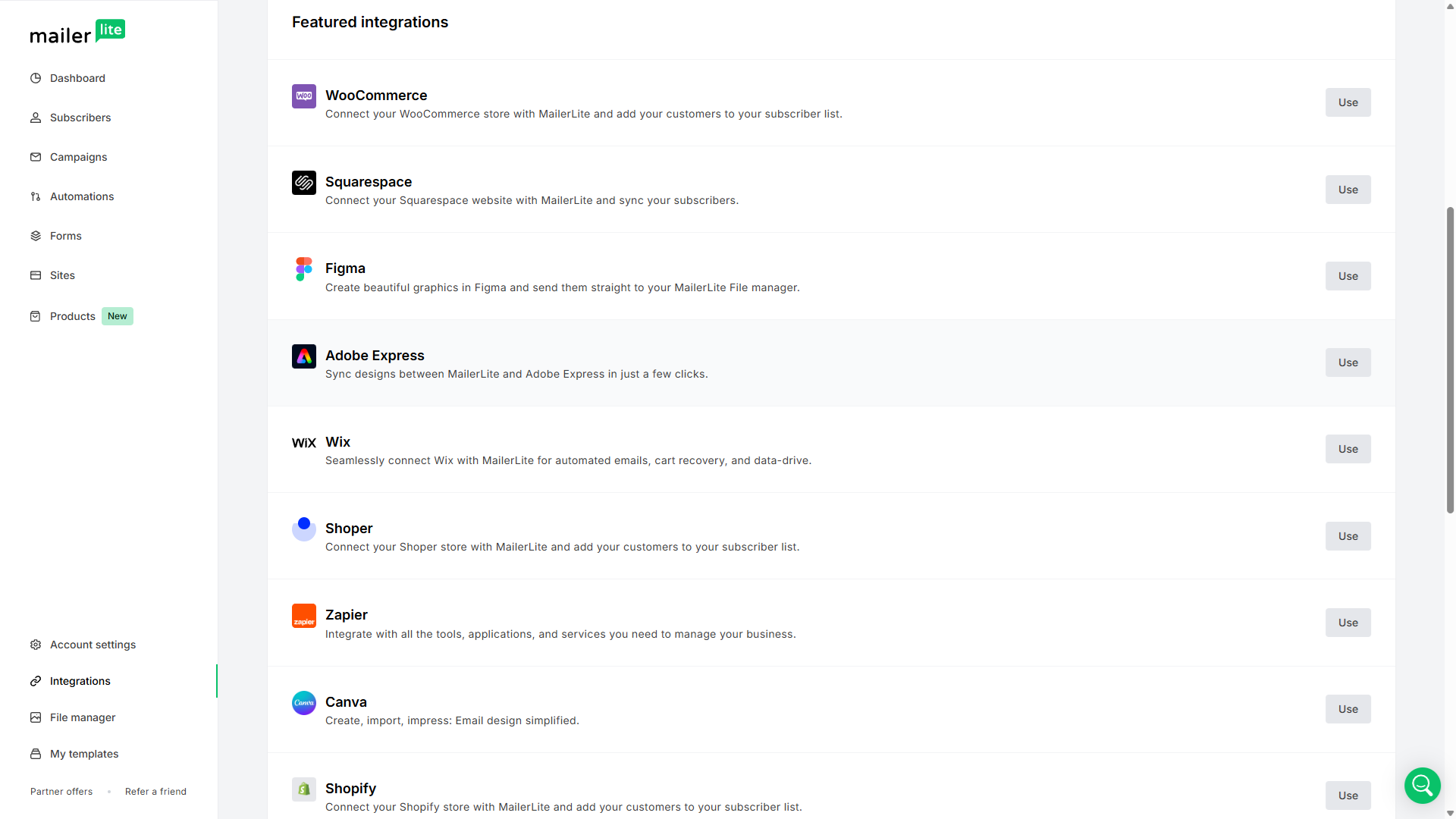 MailerLite integrations page showing options such as WooCommerce, Squarespace, Figma, Adobe Express, Wix, Zapier, Canva, and Shopify.