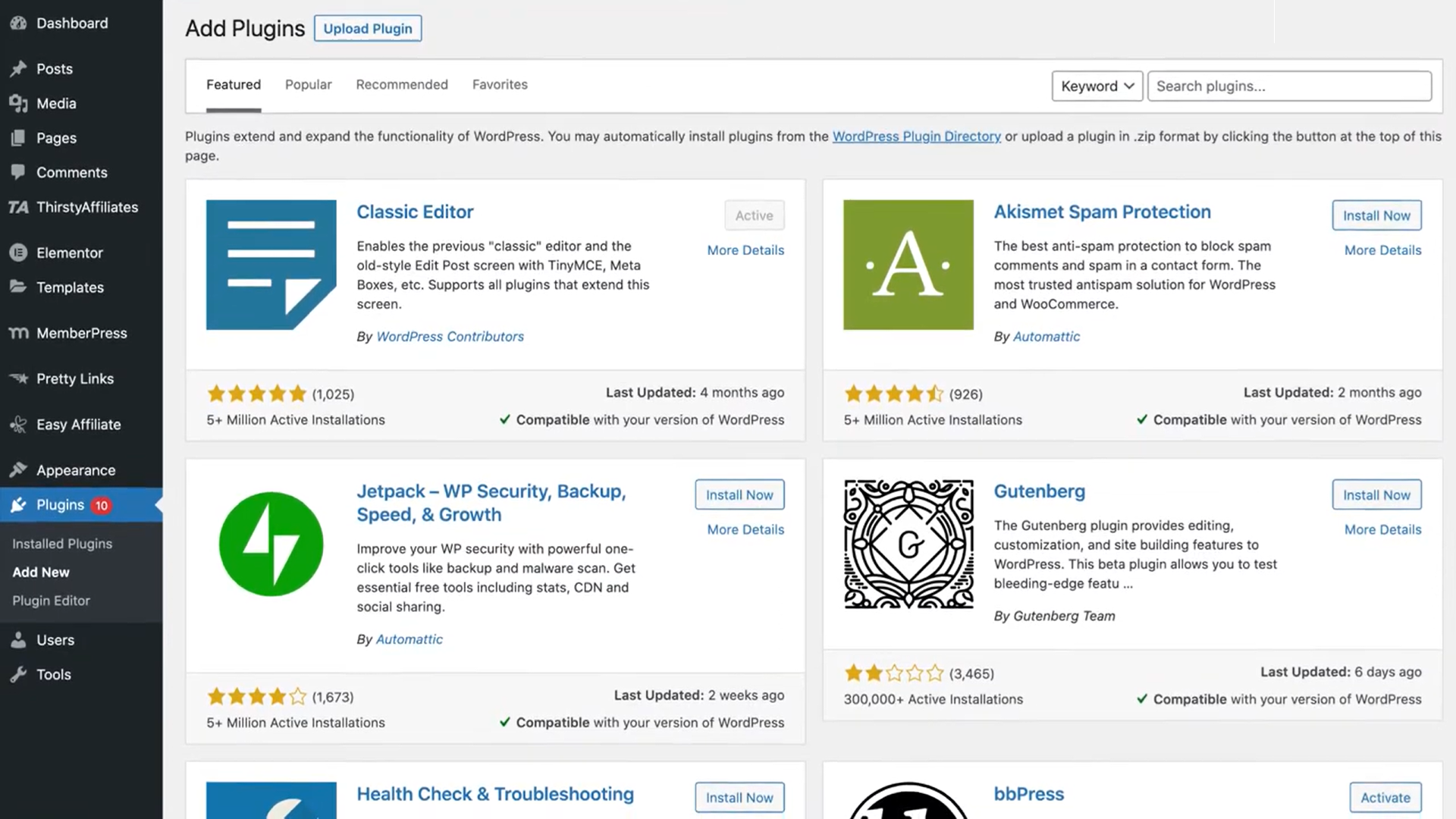 Owner-captured WordPress Add Plugins screen with plugin cards, ratings, counts, compatibility text, and controls as captured.