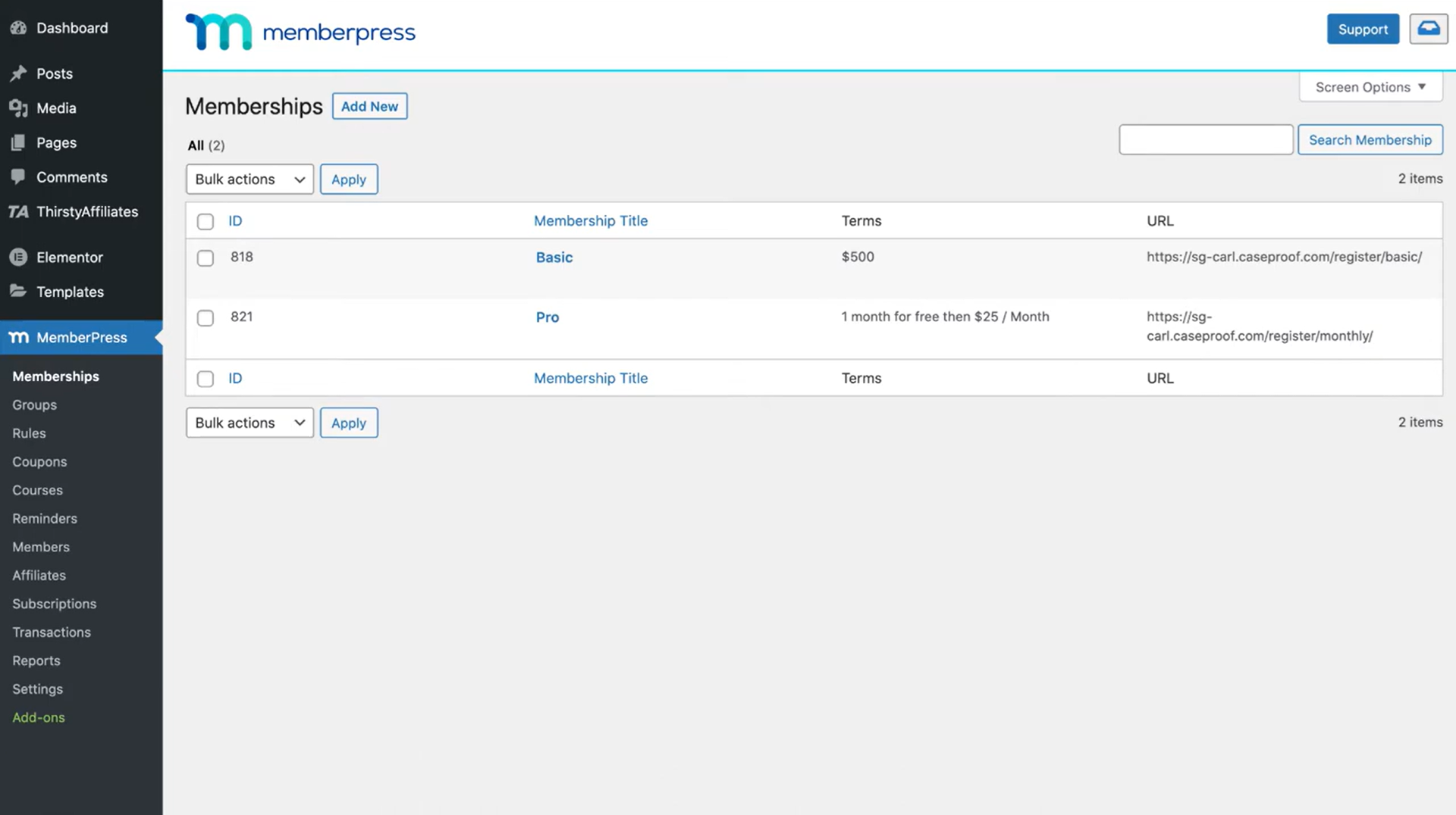 Owner-captured MemberPress Memberships screen with membership rows, terms fields, search, bulk actions, and demo UI as captured.