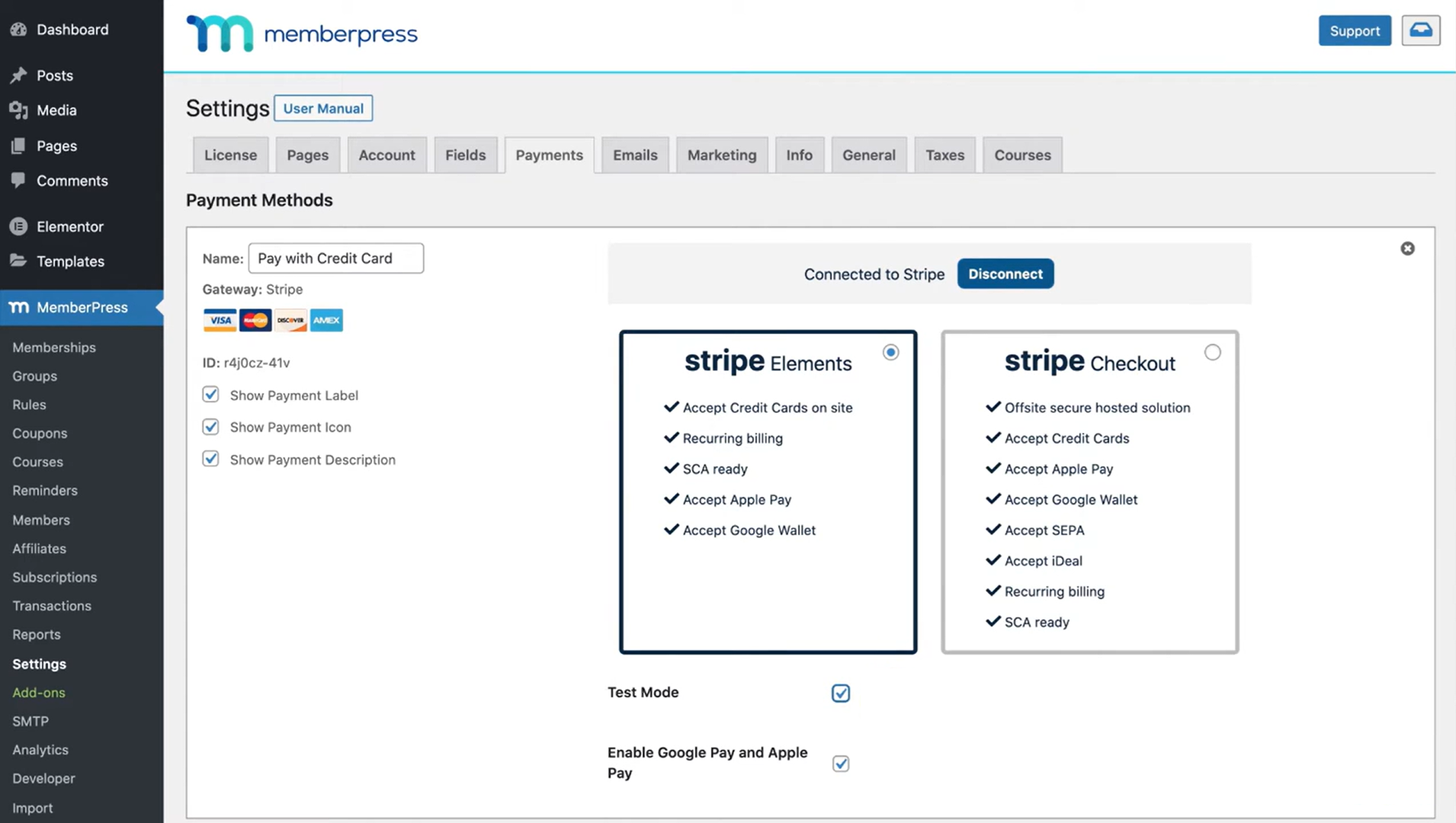 Owner-captured MemberPress payment settings screen with Stripe-labeled options, wallet controls, and test mode as captured.