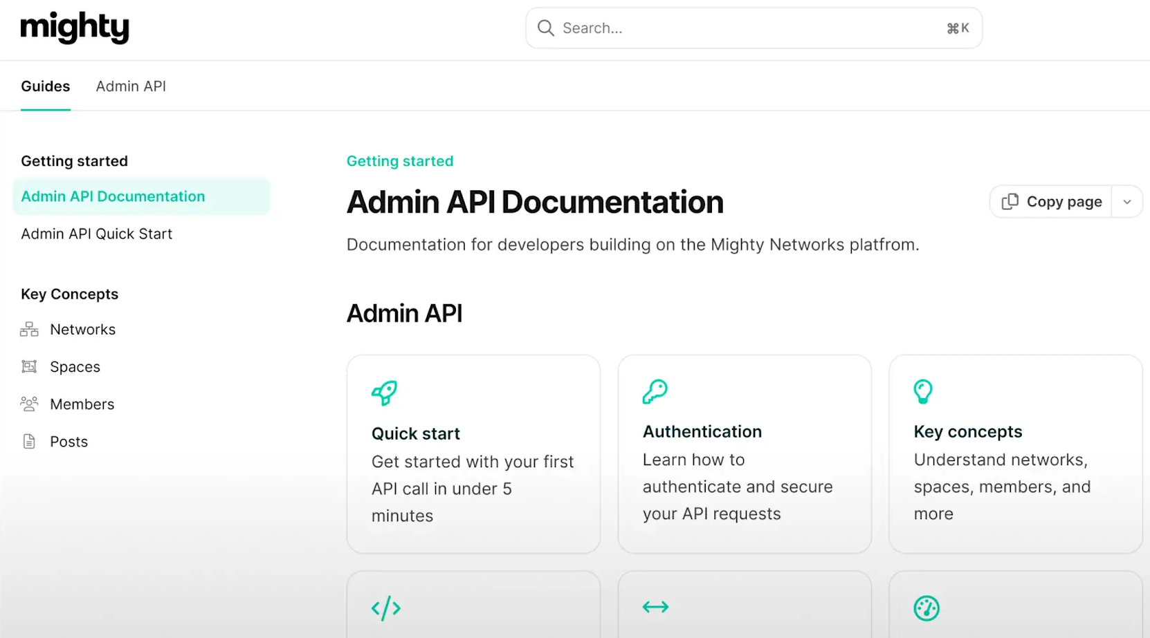 Owner-captured Mighty Networks developer documentation layout with search, Guides and Admin API tabs, navigation, and topic cards as captured.