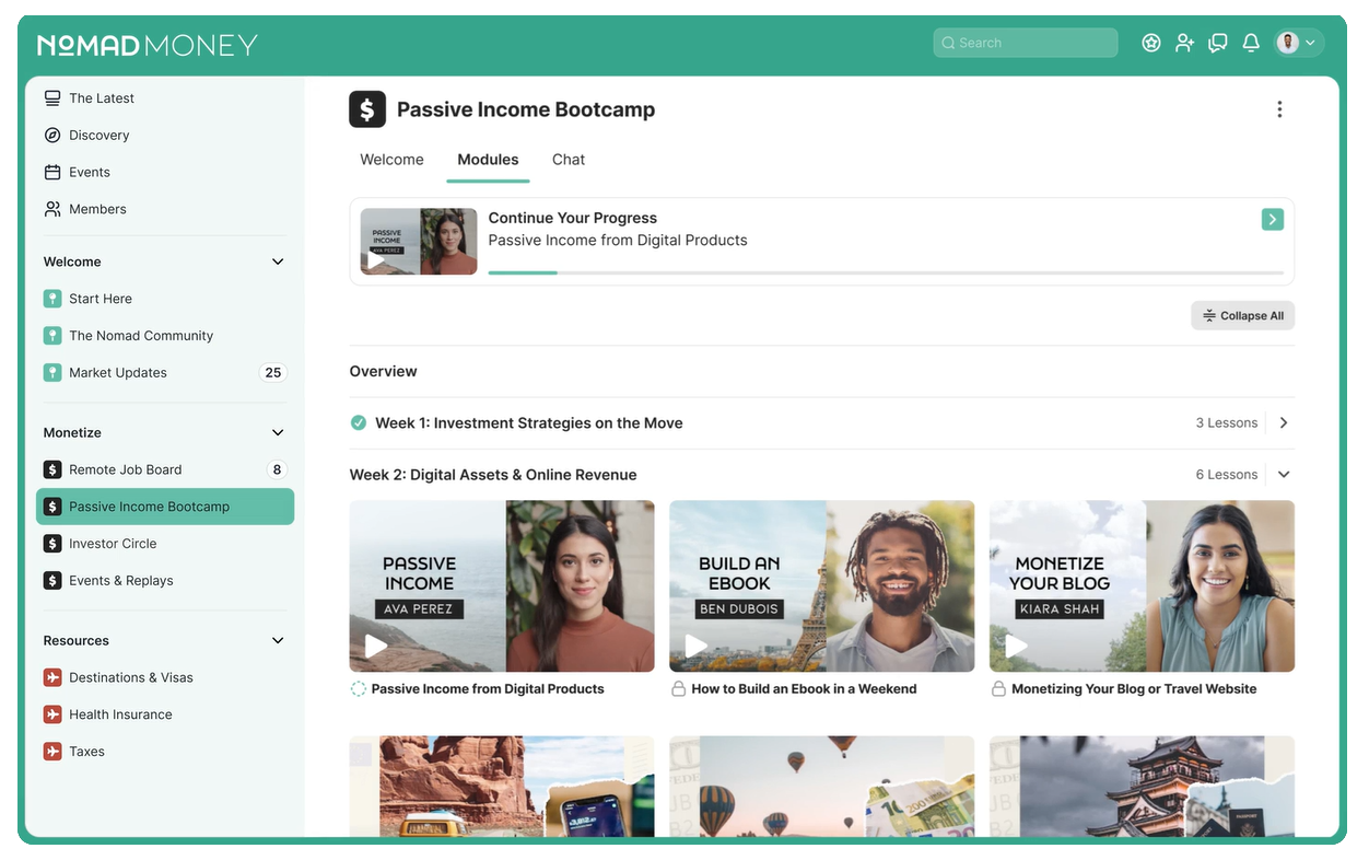 Owner-captured Mighty Networks sample course-and-community layout with navigation, module and chat tabs, progress UI, lesson counts, and course cards as captured.