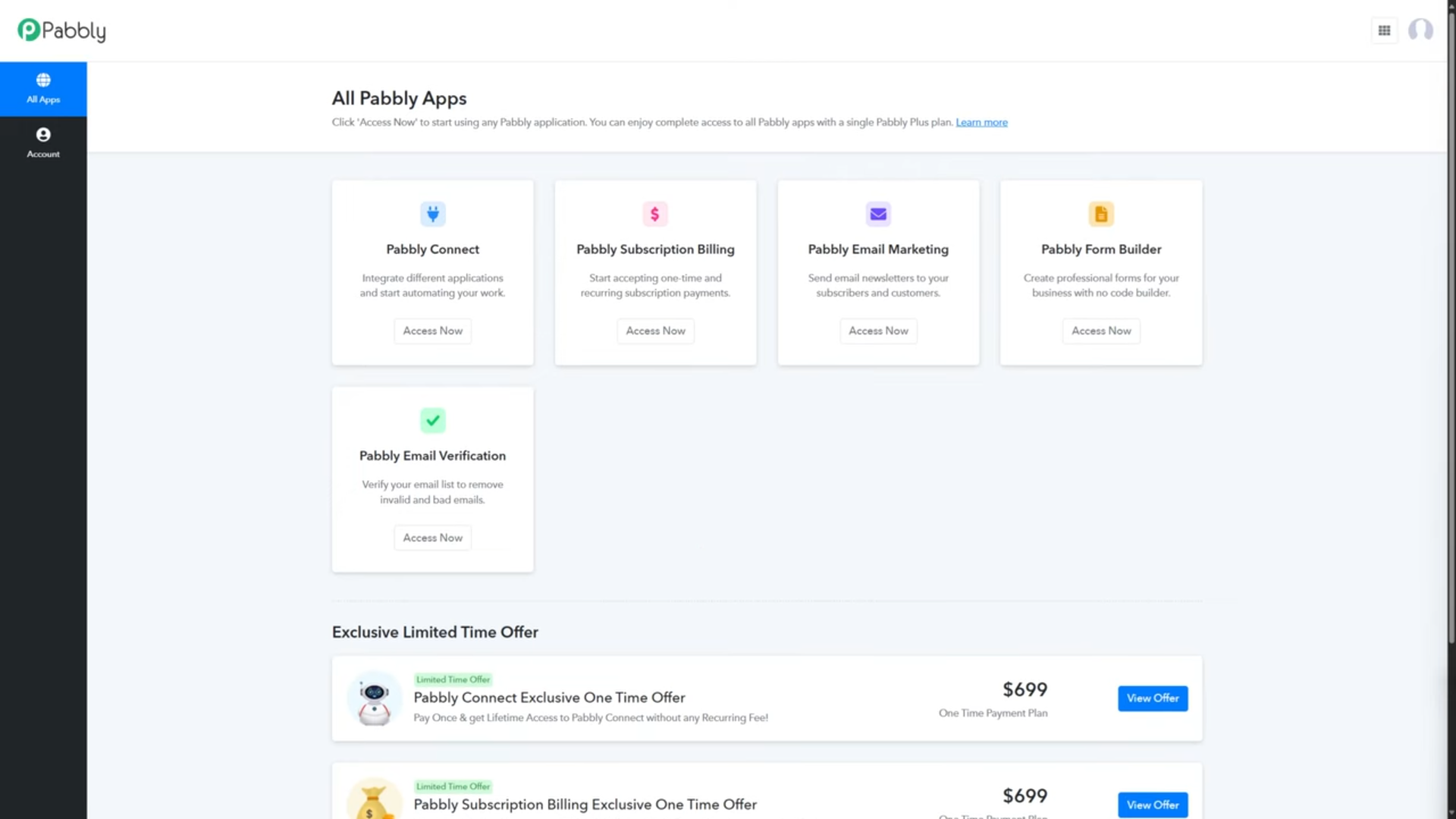 Pabbly public product screen showing cards for Connect, Subscription Billing, Email Marketing, Form Builder, and Email Verification.