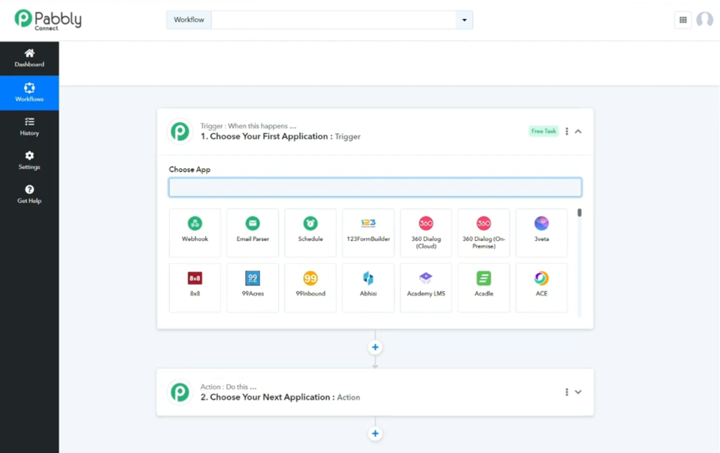 Pabbly Connect public workflow screen showing a blank trigger application chooser and a collapsed action step.