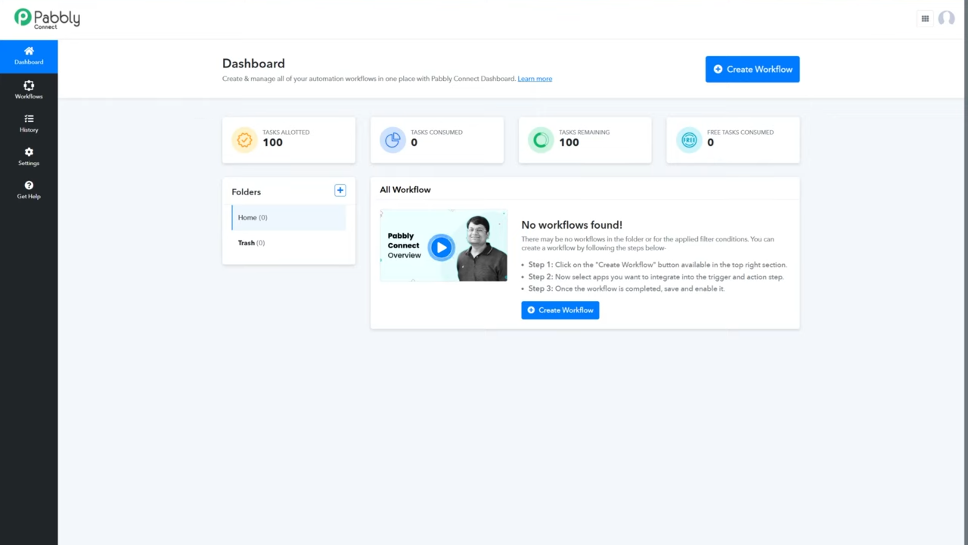 Pabbly Connect public dashboard screen showing task summaries, empty folders, no workflows found, and Create Workflow controls.