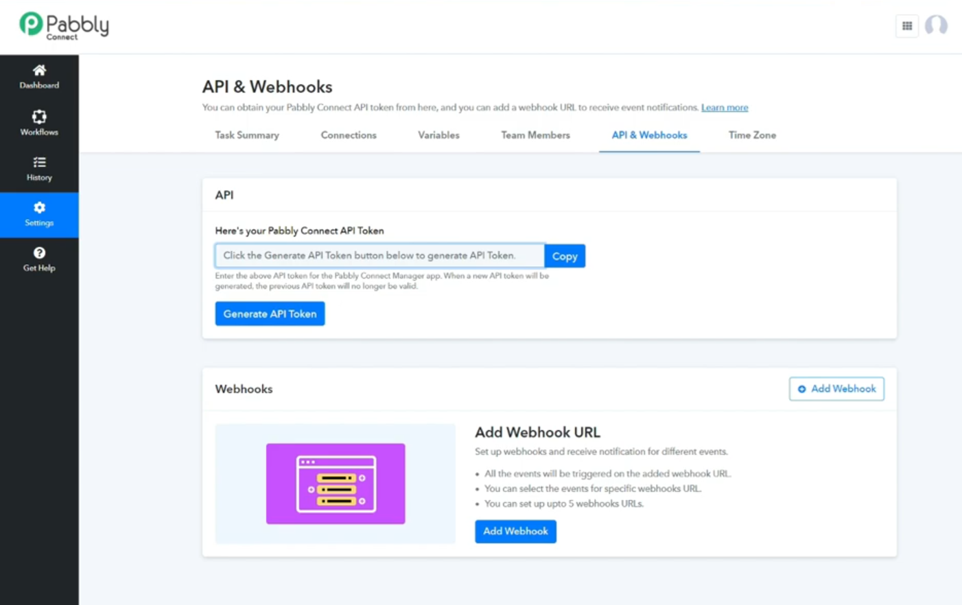 Pabbly Connect public API and Webhooks settings screen showing an empty token field, token generation controls, and webhook setup controls.