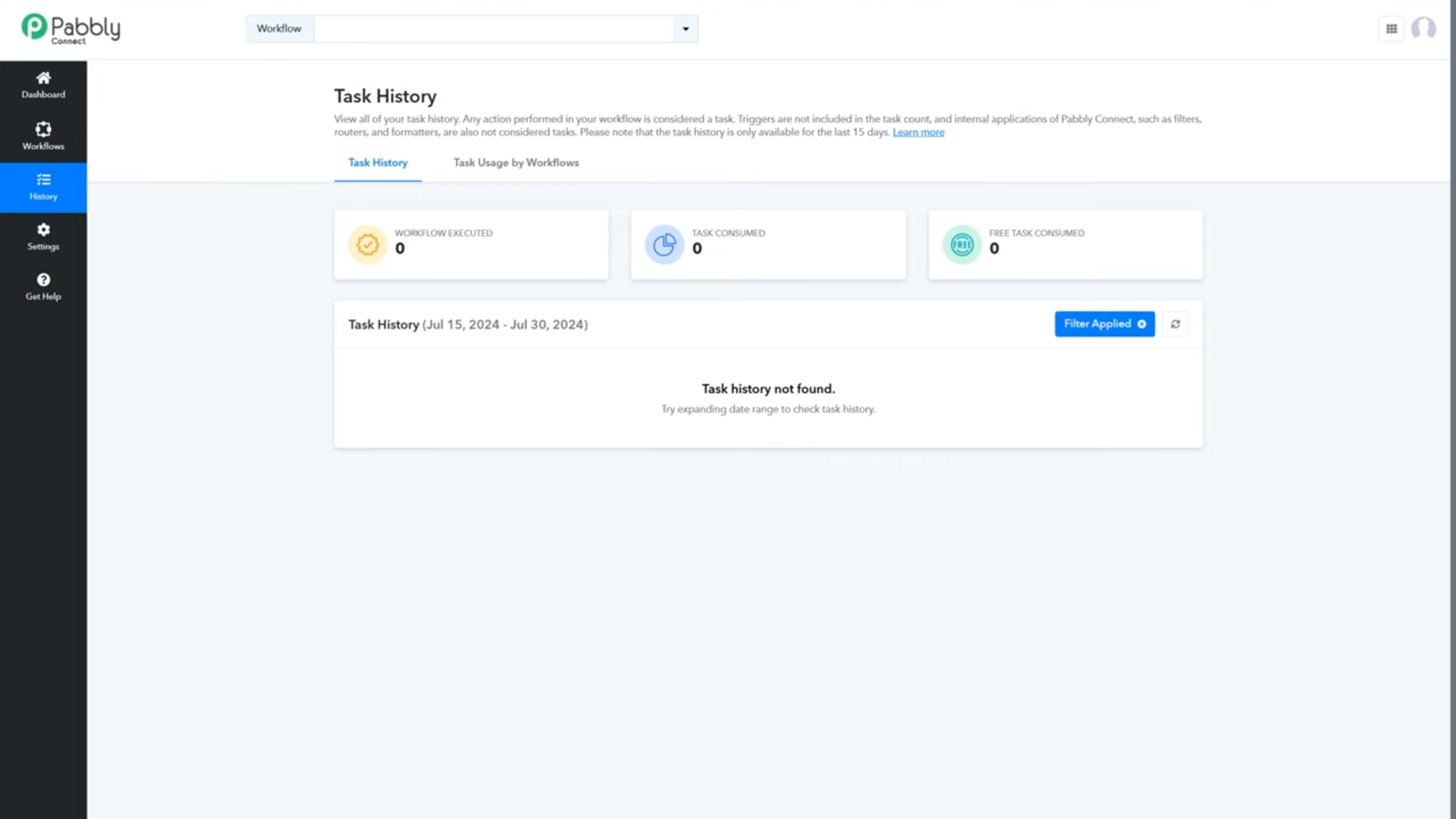 Pabbly Connect public Task History screen showing zero summary values, a filter, a date range, and no task history found.