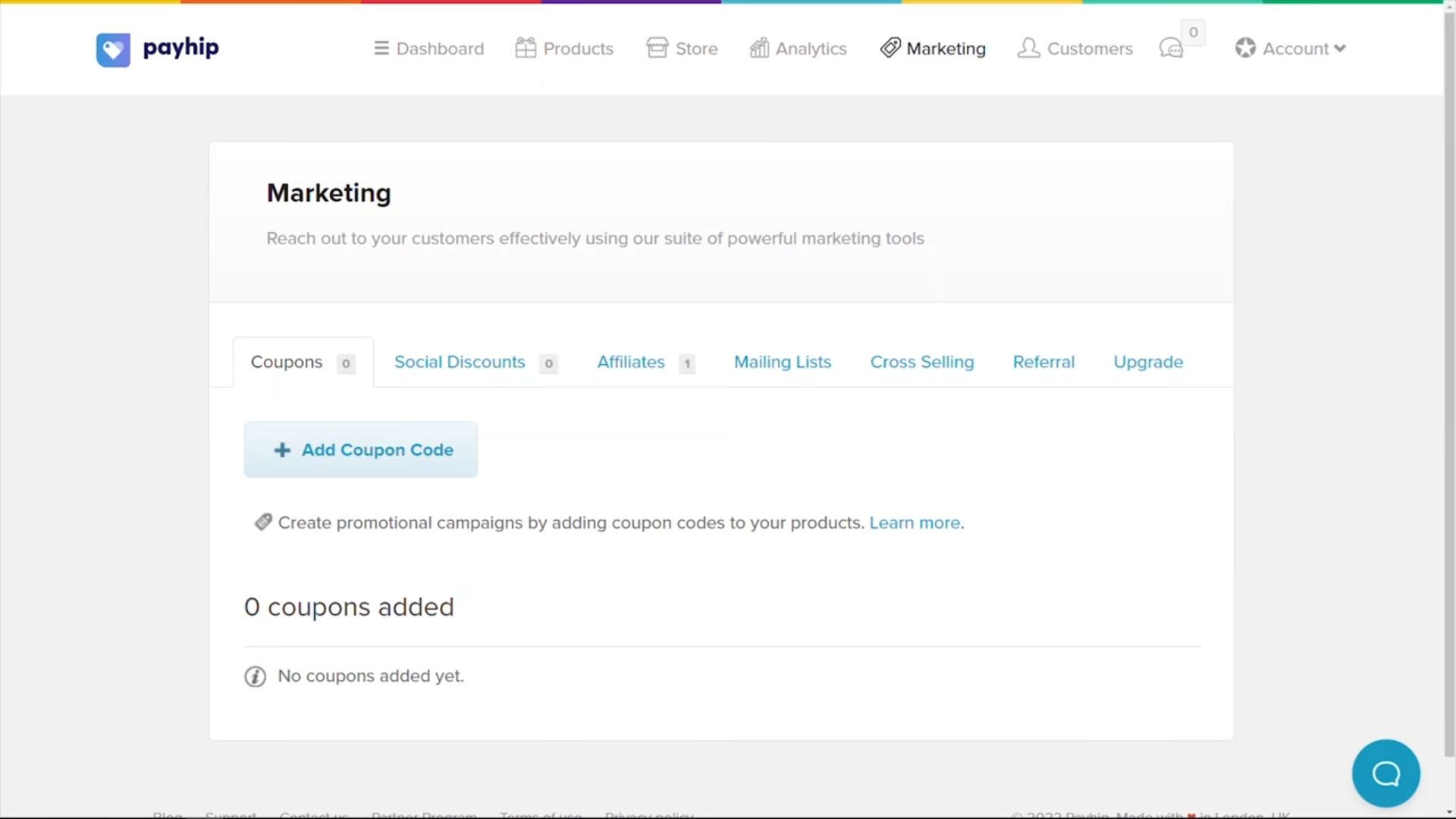 Owner-captured Payhip coupon and marketing controls with adjacent promotional surfaces as captured.