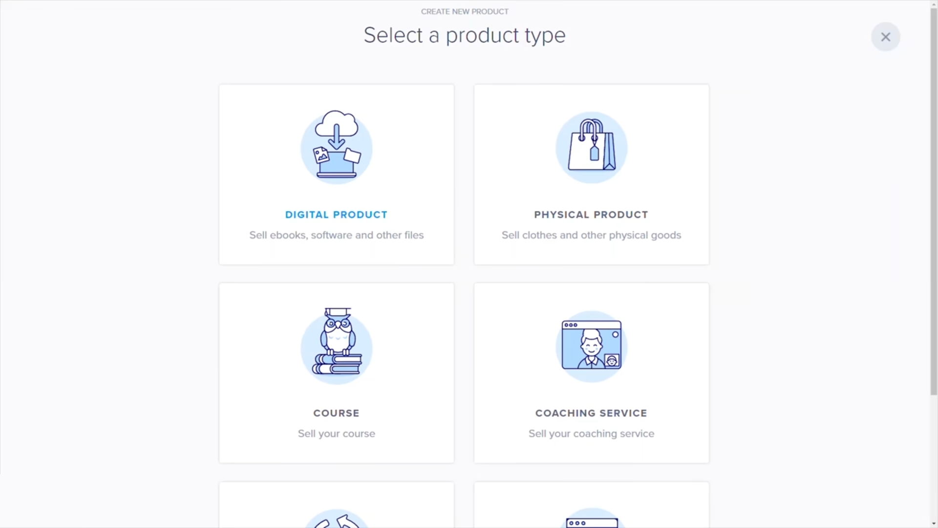 Owner-captured Payhip product-type chooser with digital, physical, course, and coaching categories as captured.