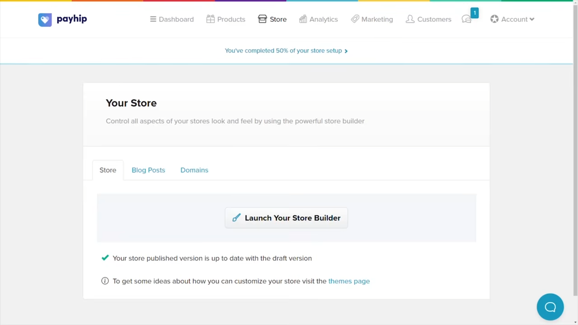 Owner-captured Payhip store-builder screen with store, blog, domain, and launch entry points as captured.