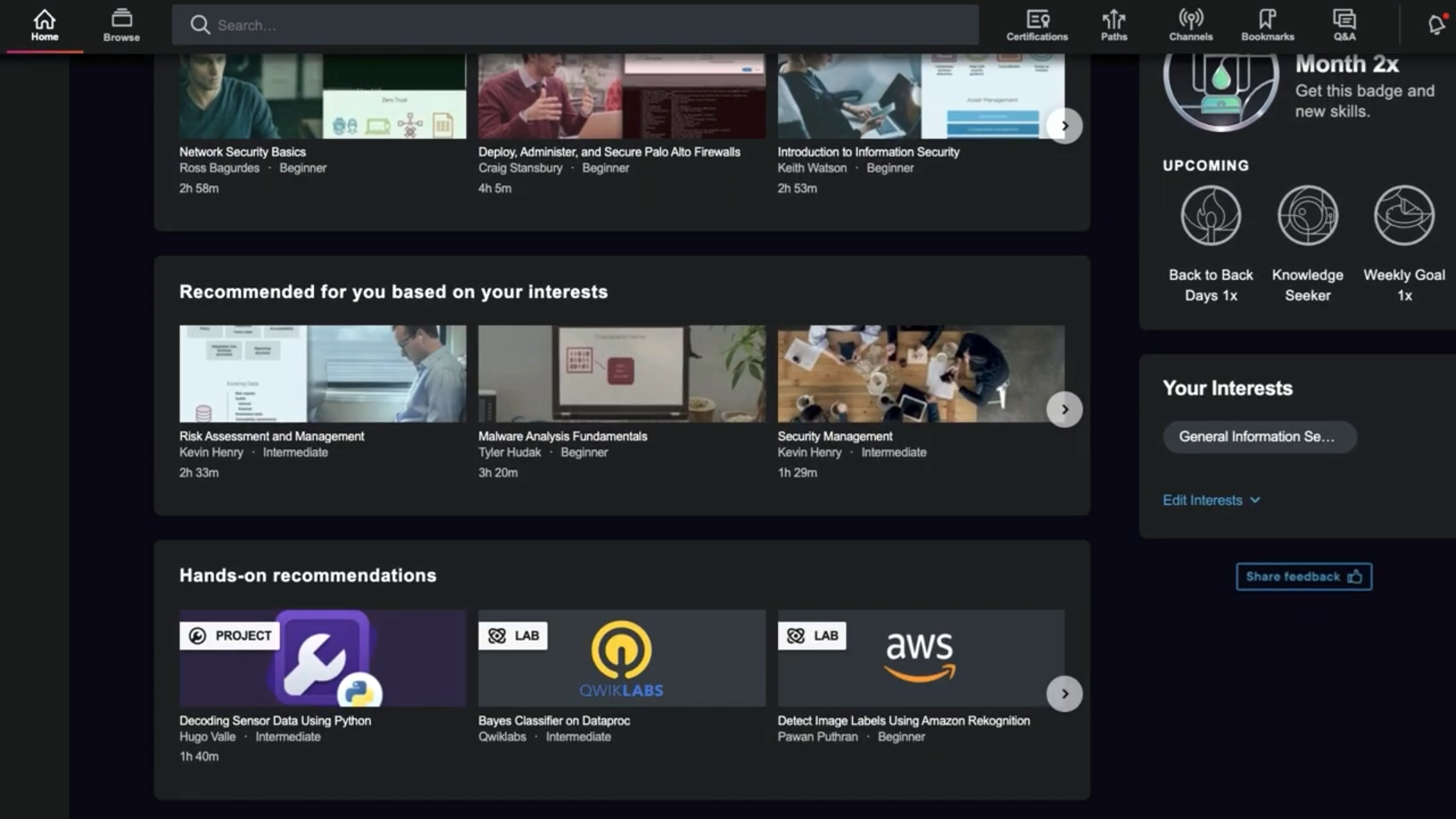 Owner-captured Pluralsight learning-home recommendations, interest controls, and progress surfaces as captured.