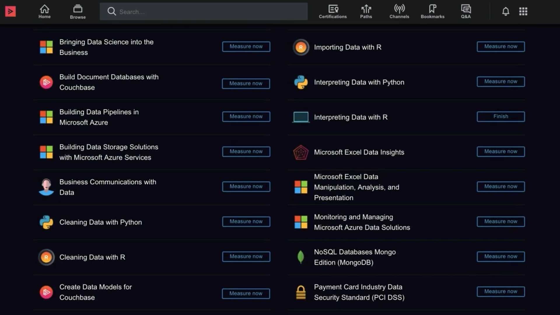 Owner-captured Pluralsight skill entries and assessment controls with topic labels as captured.