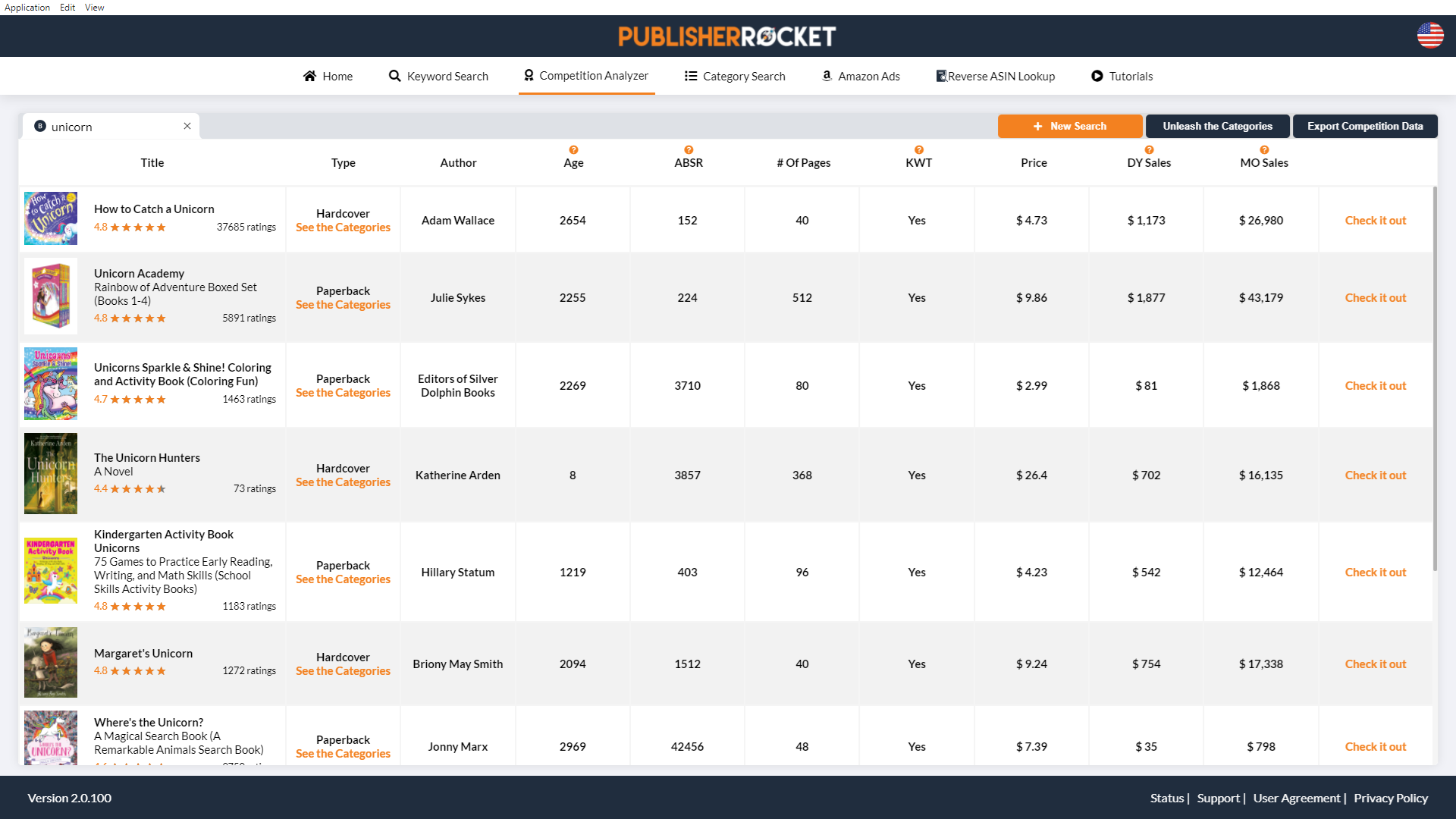 Publisher Rocket competition analyzer showing comparable book rows with author, age, sales-rank, price, sales estimate, and category fields.