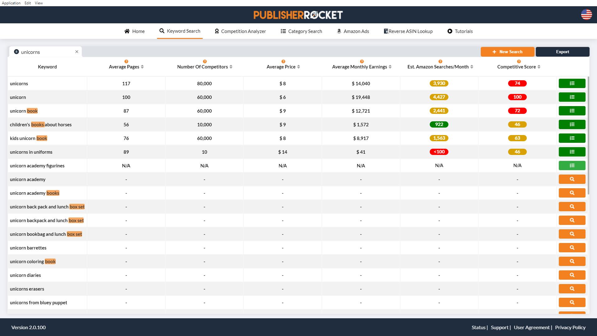 Publisher Rocket keyword research table showing candidate phrases, average monthly earnings, searches, competition, and related keyword metrics.