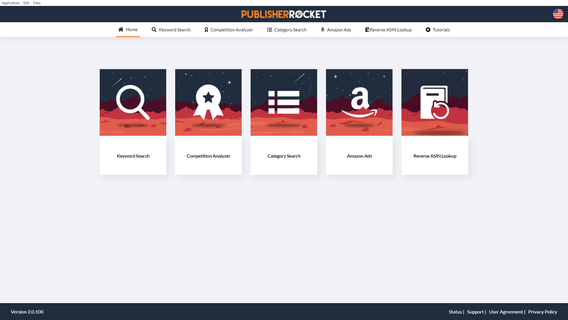 Publisher Rocket main menu showing keyword search, competition analyzer, category search, AMS keyword search, and reverse ASIN lookup modules.