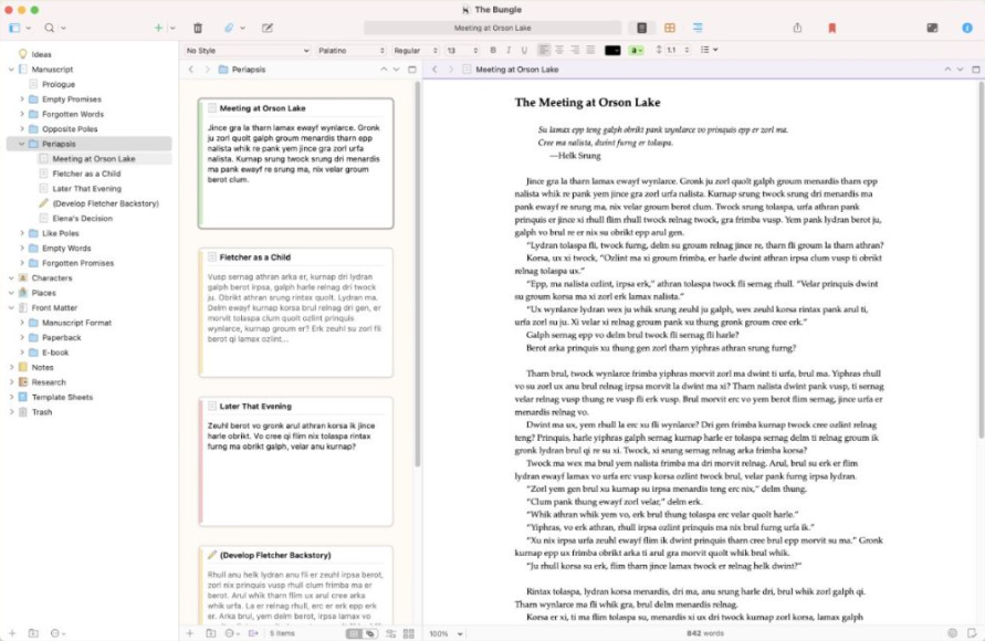 Owner-captured Scrivener binder, notes, and editor structure with sample content as captured.