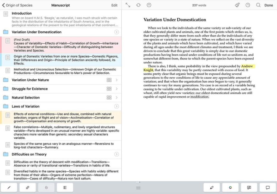 Owner-captured Scrivener outline rows, status markers, and editor pane as captured.