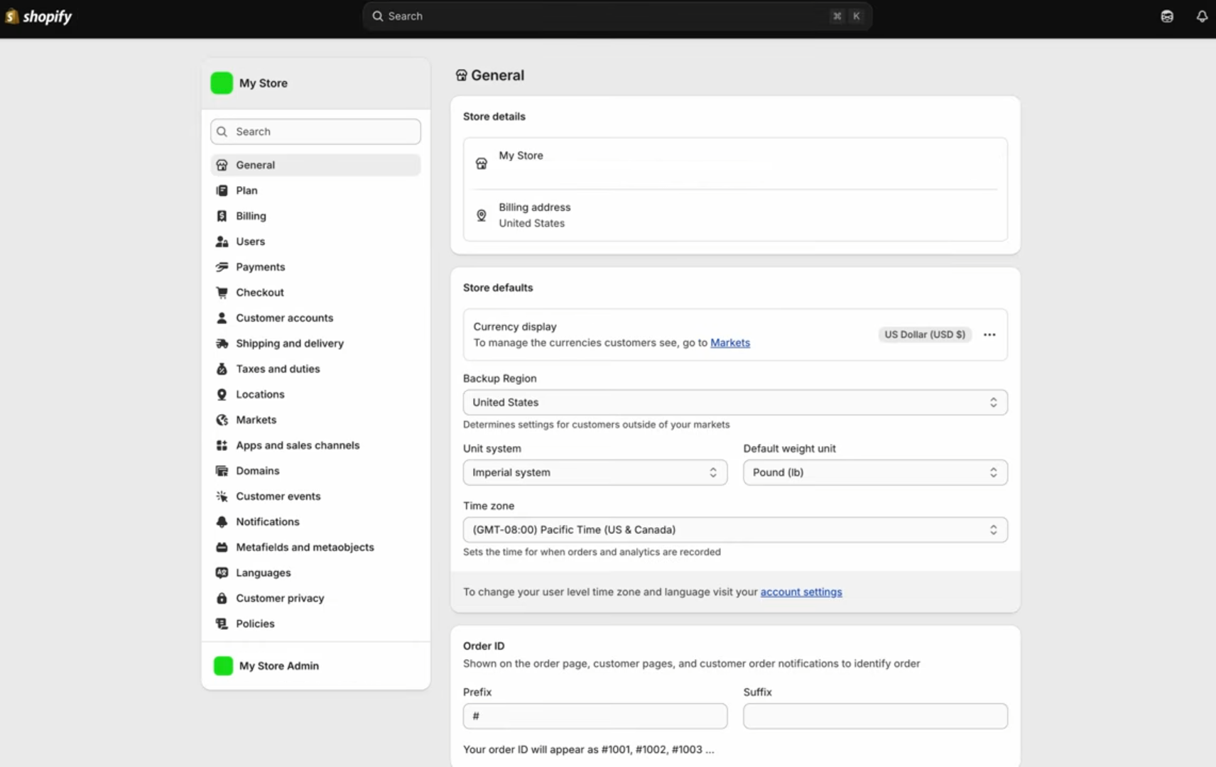 Owner-captured Shopify store settings with defaults and region fields as captured.