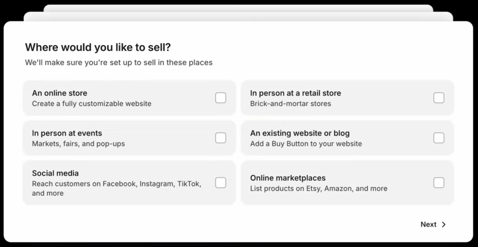 Owner-captured Shopify sales-channel onboarding choices with a Next control as captured.