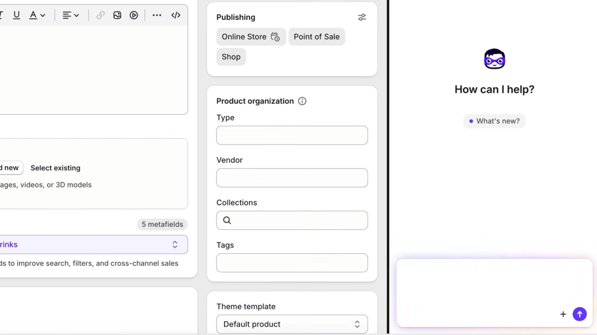 Owner-captured Shopify product editor with organization fields, publishing controls, and assistant panel as captured.