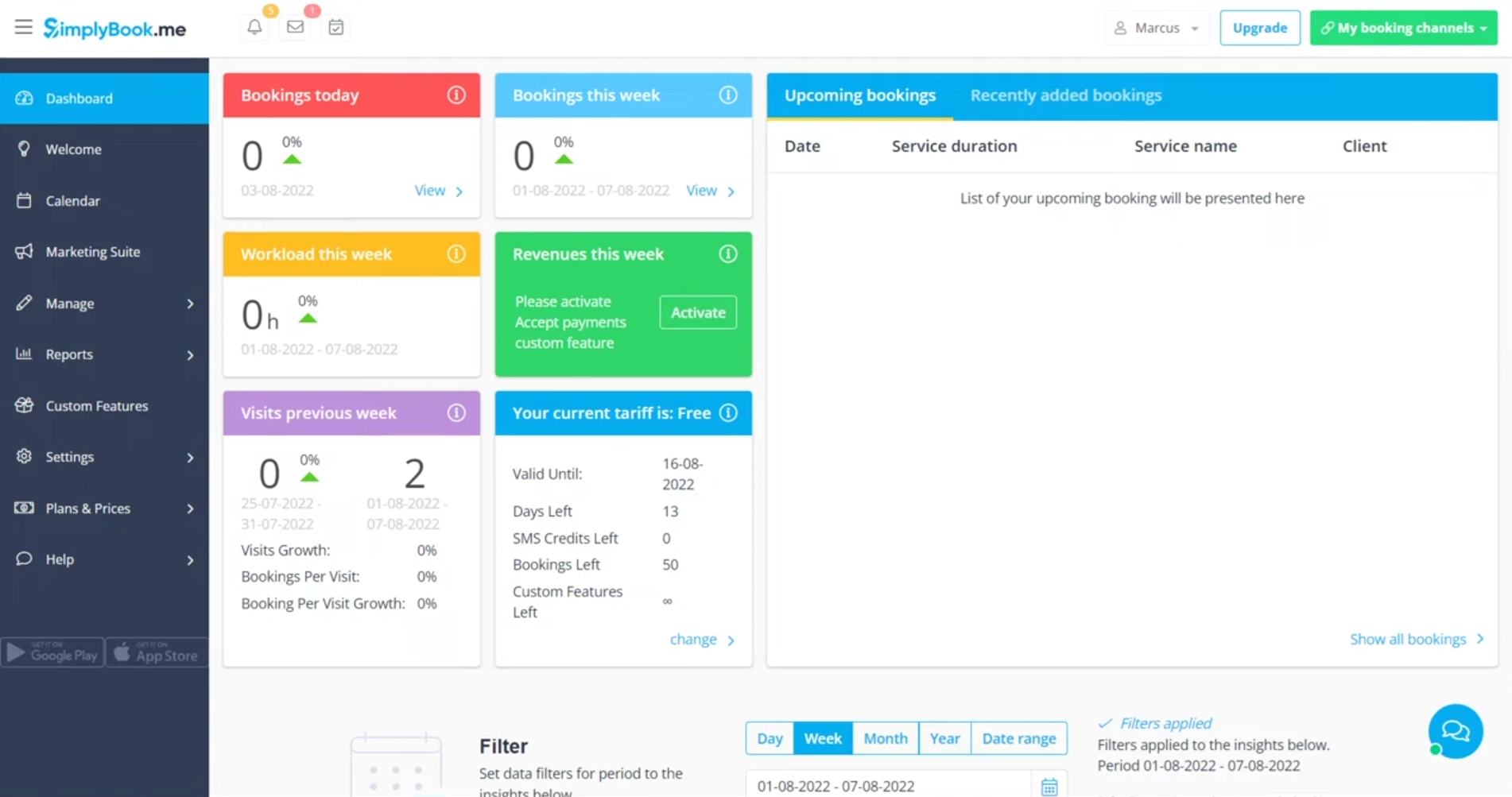 Owner-captured SimplyBook.me booking dashboard with summary, workload, revenue, account, date, and navigation panels as captured.