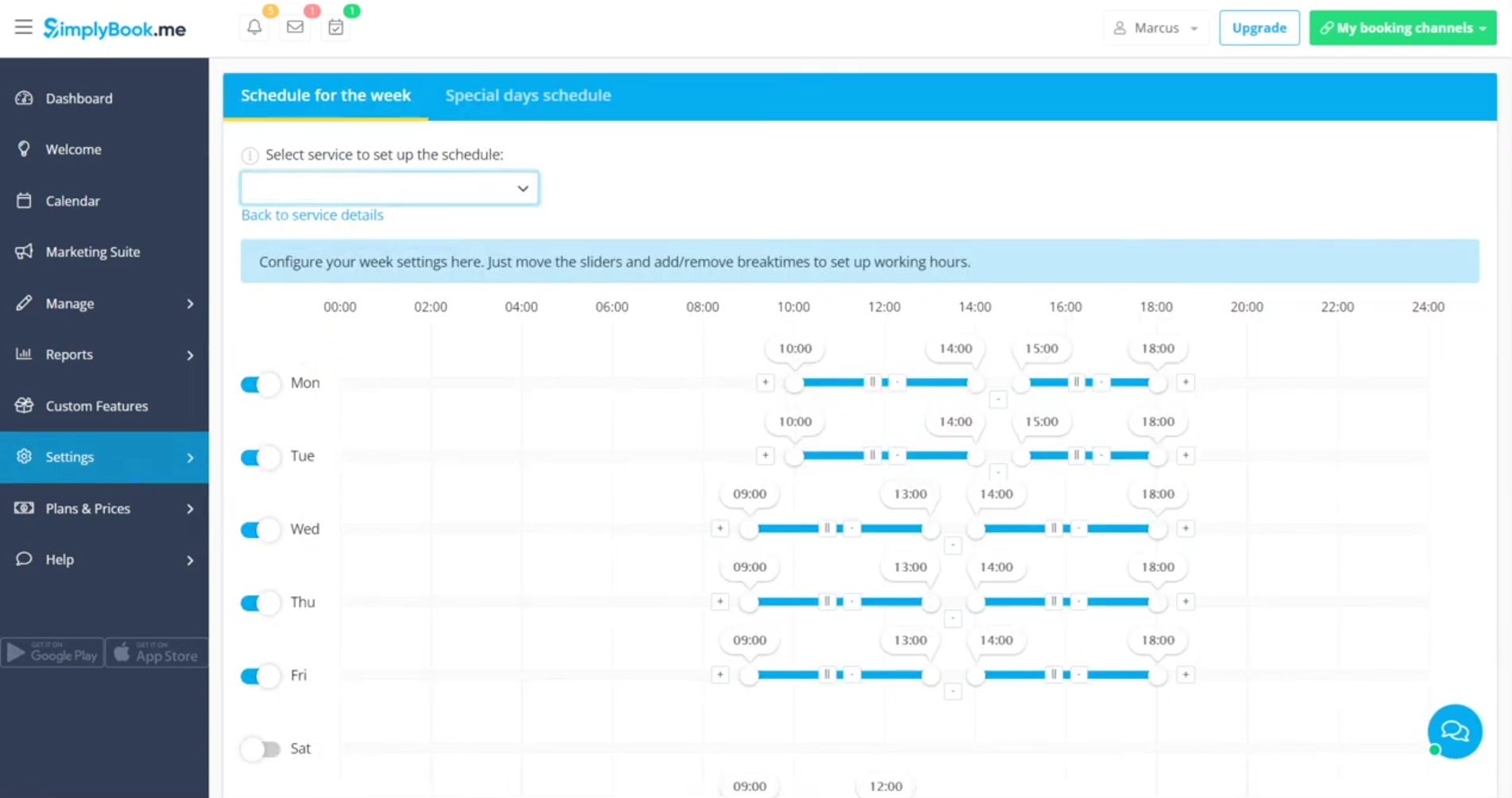 Owner-captured SimplyBook.me weekly schedule with service, weekday, special-day, and time-range controls as captured.