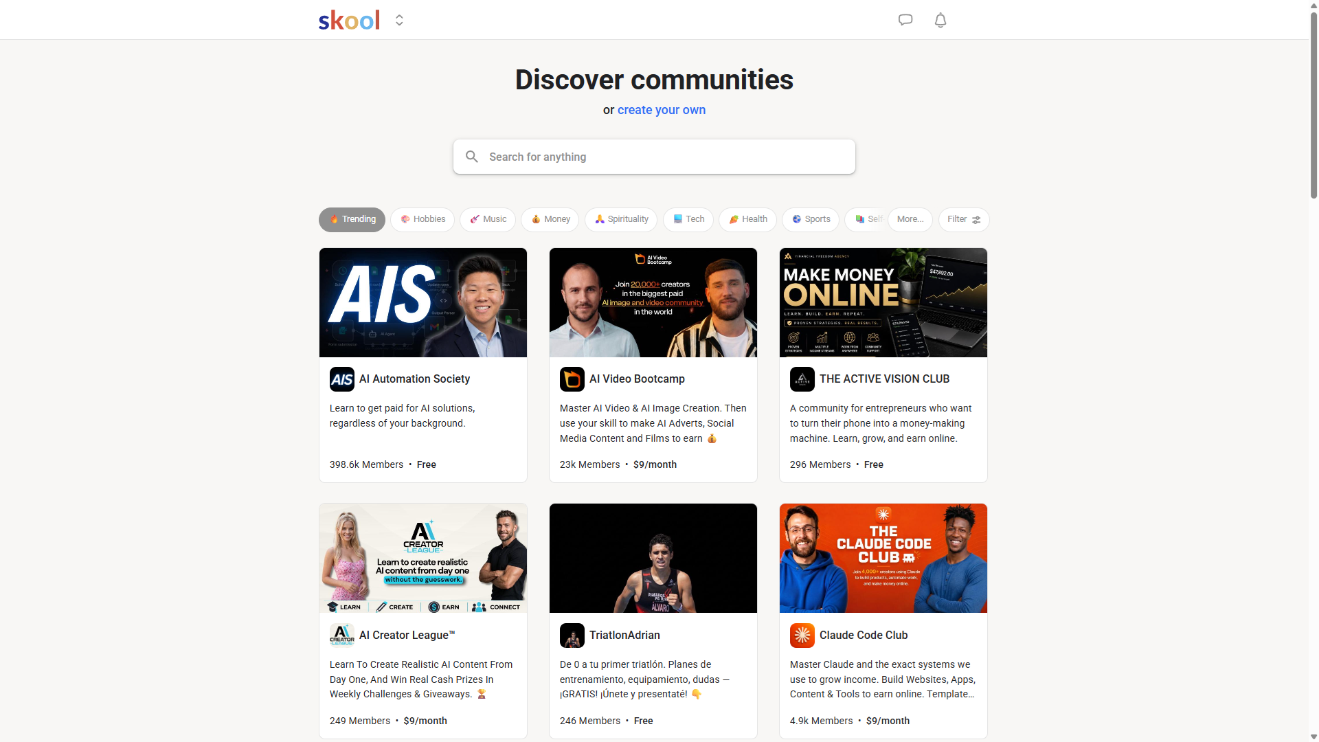 Owner-captured Skool discovery interface with search, category, filter, and public community cards as captured.